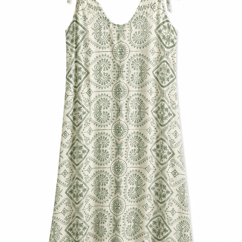 Cream Midi Slip Dress with Green Paisley Print and Tie Straps